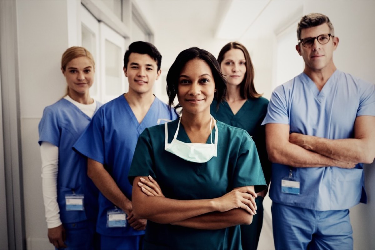 Healthcare team in a hospital corridor