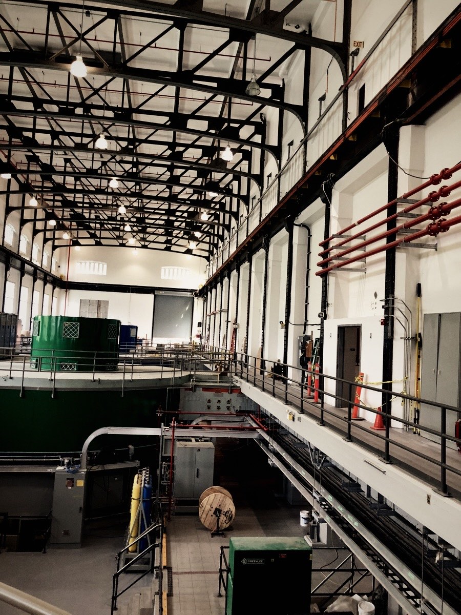 Looking down the length of a large industrial plant